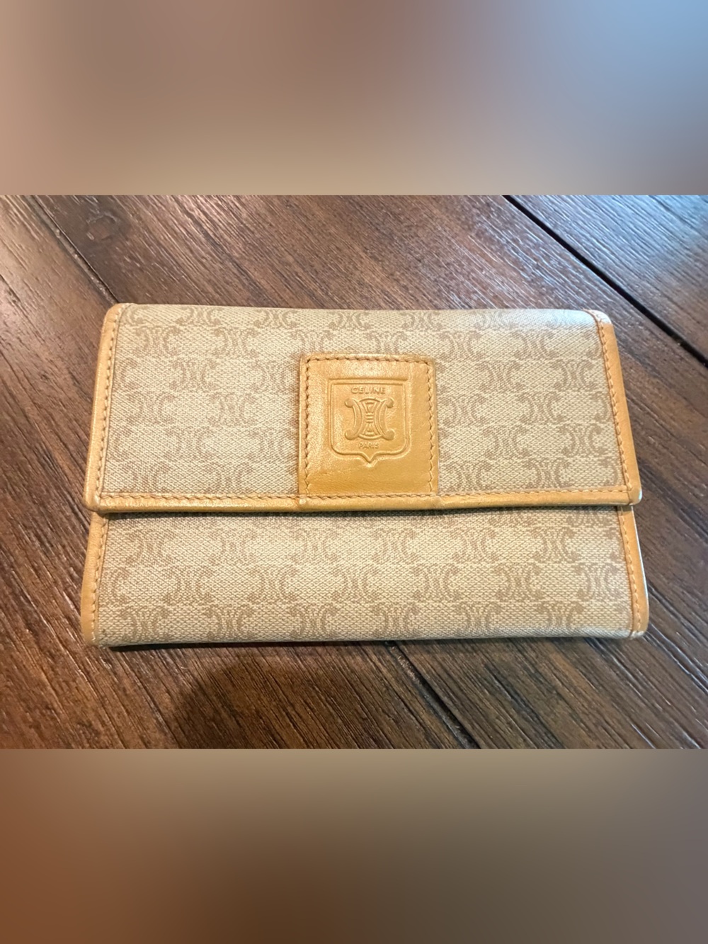 Celine Vintage Macadam Triomphe Flap Wallet, Beige/Tan PVC Canvas w/Leather Trim